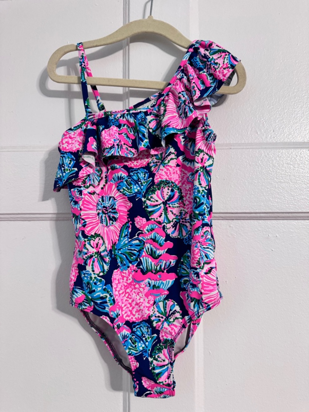 Girls' One-Shoulder Ruffle Swimsuit in Pink & Blue